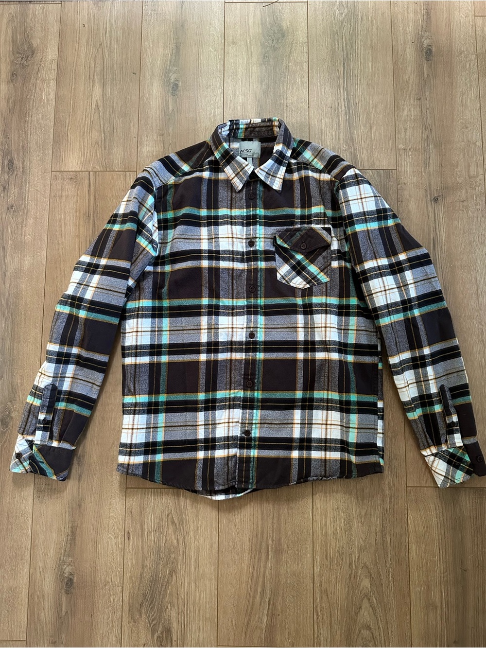 Wesc Men's Brown, White & Green/Teal Plaid Button-Down Shirt Large